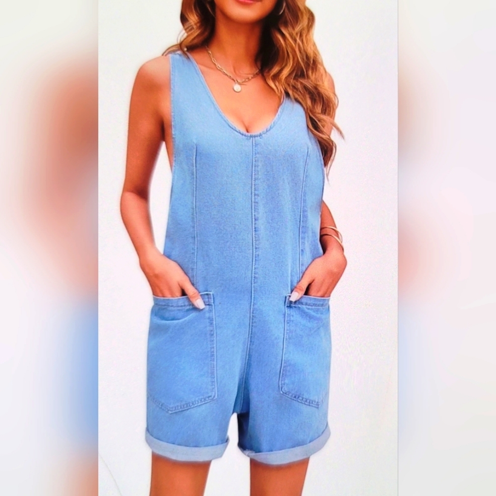 Light Blue Denim Romper Shorts - Women's Casual Pocket Shortalls